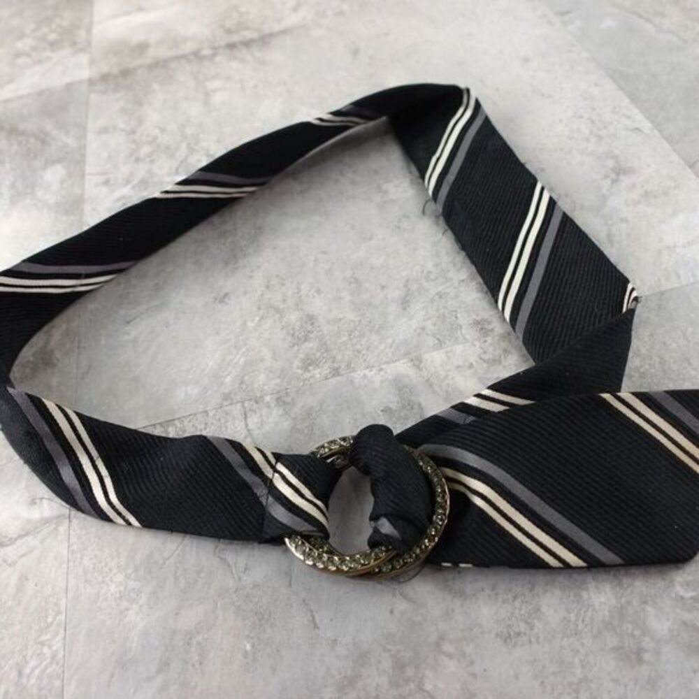 Y2K Grunge Repp Striped Belt Womens S Black Goth Alt Rhinestone Buckle EXPRESS